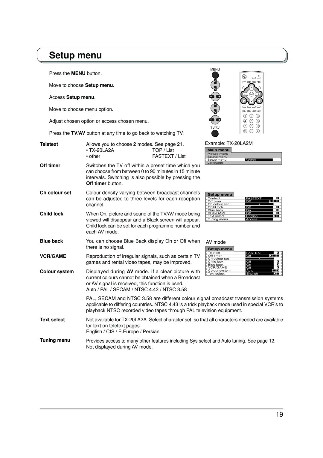 Panasonic TX-20LA2X, TX-20LA2A, TX-20LA2M manual Setup menu, Vcr/Game 