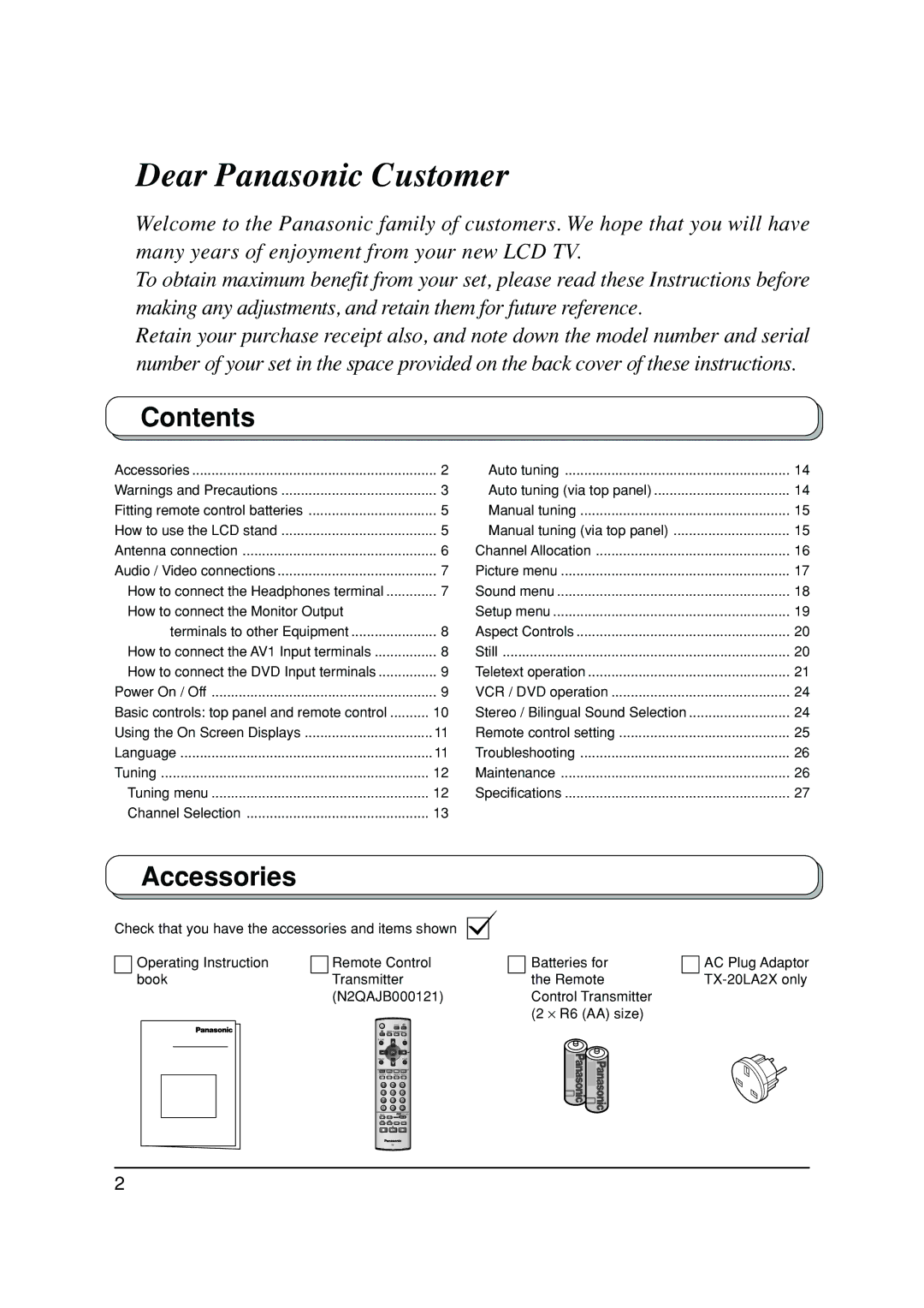 Panasonic TX-20LA2M, TX-20LA2A, TX-20LA2X manual Contents, Accessories 