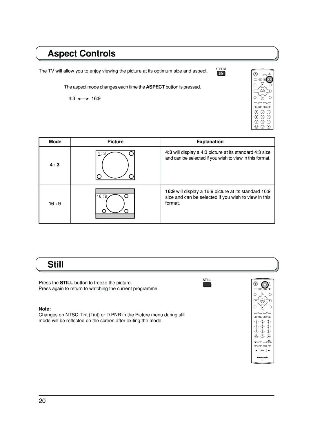 Panasonic TX-20LA2M, TX-20LA2A, TX-20LA2X manual Aspect Controls, Still, 169, Mode Picture Explanation, Format 