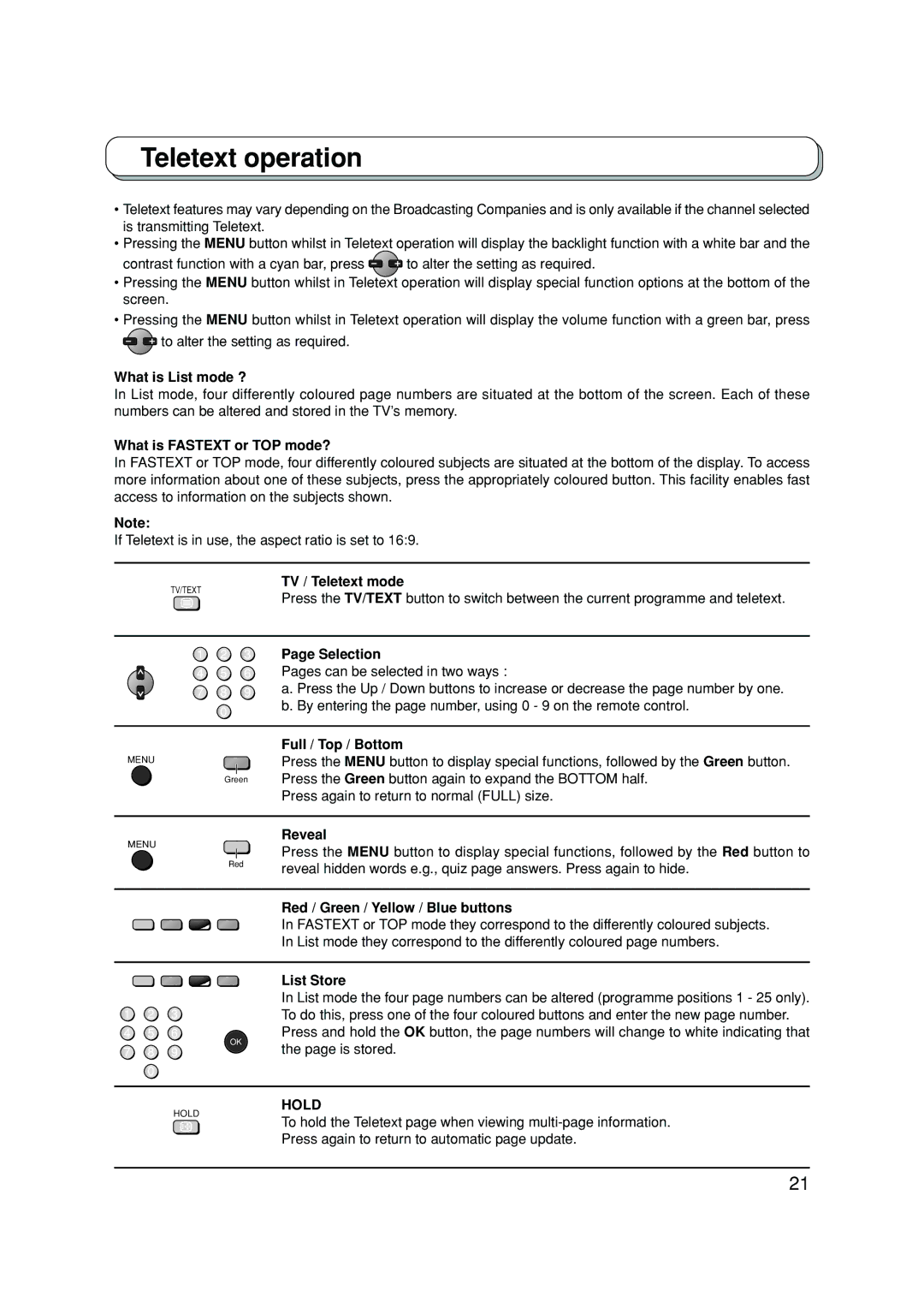 Panasonic TX-20LA2A, TX-20LA2X, TX-20LA2M manual Teletext operation, Hold 