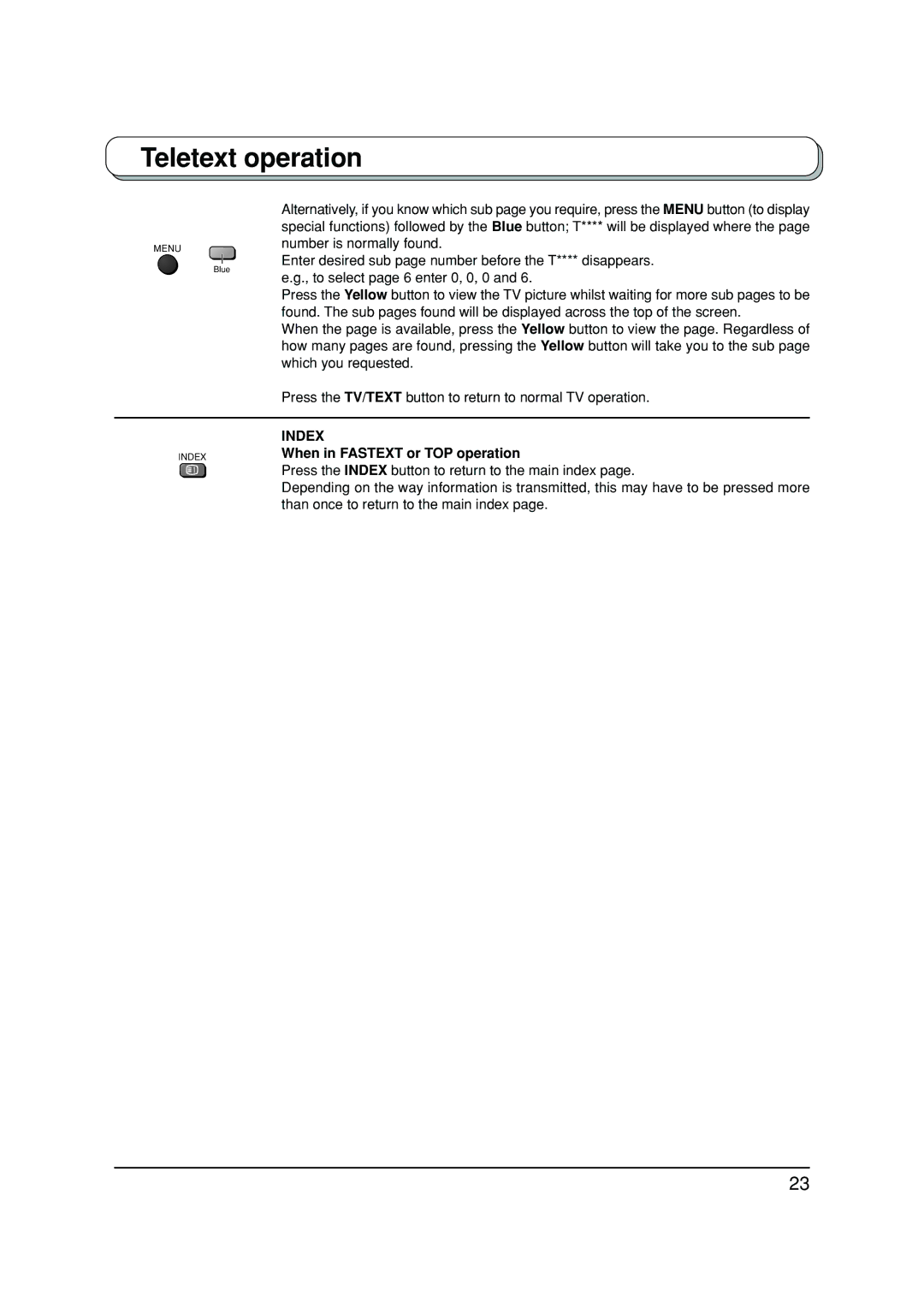 Panasonic TX-20LA2M, TX-20LA2A When in Fastext or TOP operation, Press the Index button to return to the main index 