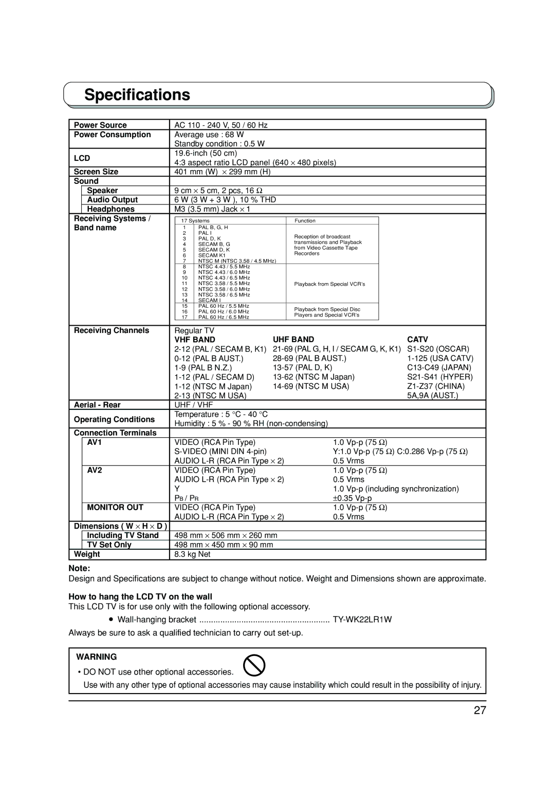 Panasonic TX-20LA2A, TX-20LA2X, TX-20LA2M manual Specifications, How to hang the LCD TV on the wall 