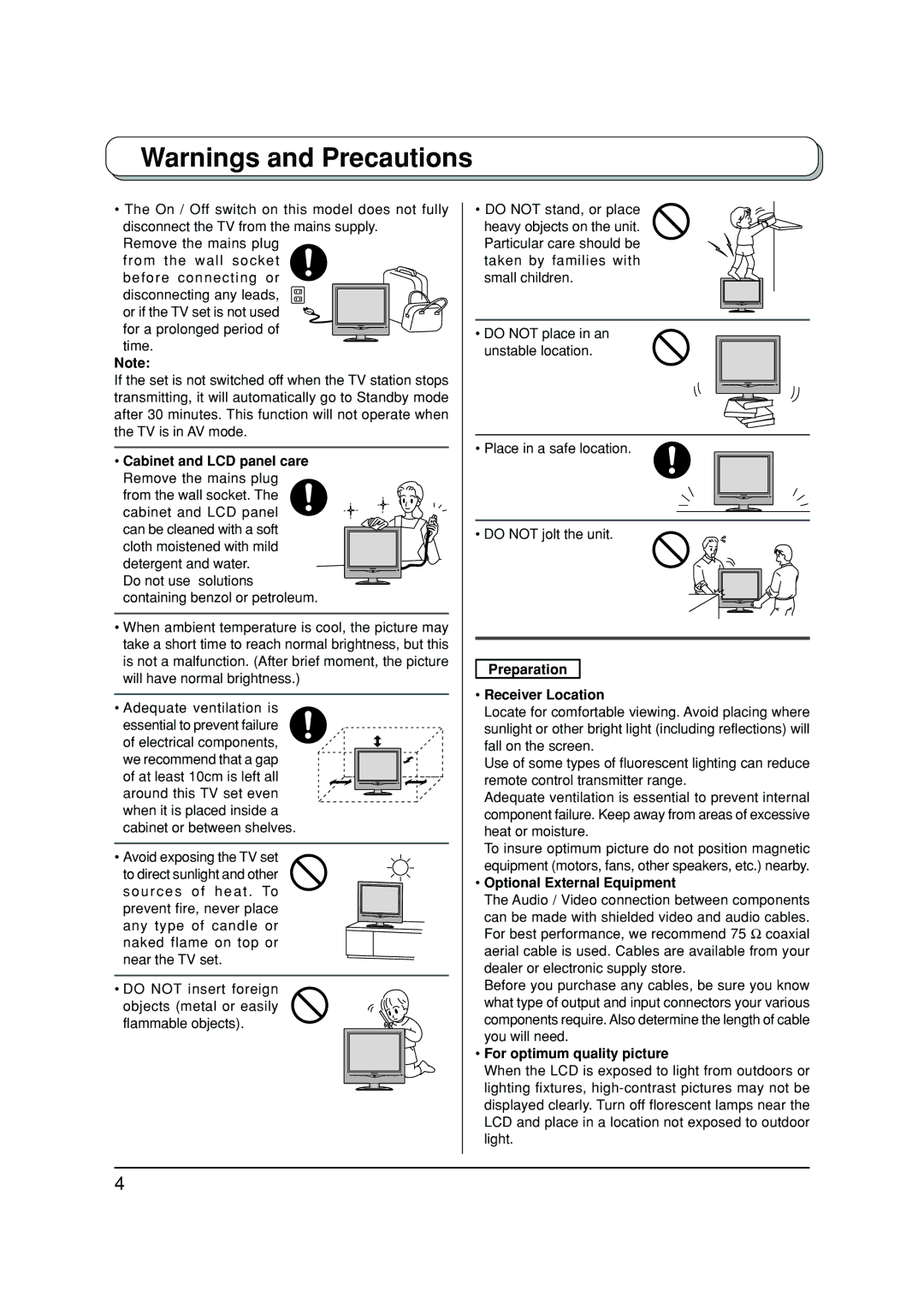 Panasonic TX-20LA2X, TX-20LA2A, TX-20LA2M Cabinet and LCD panel care, Remove the mains plug, Preparation Receiver Location 