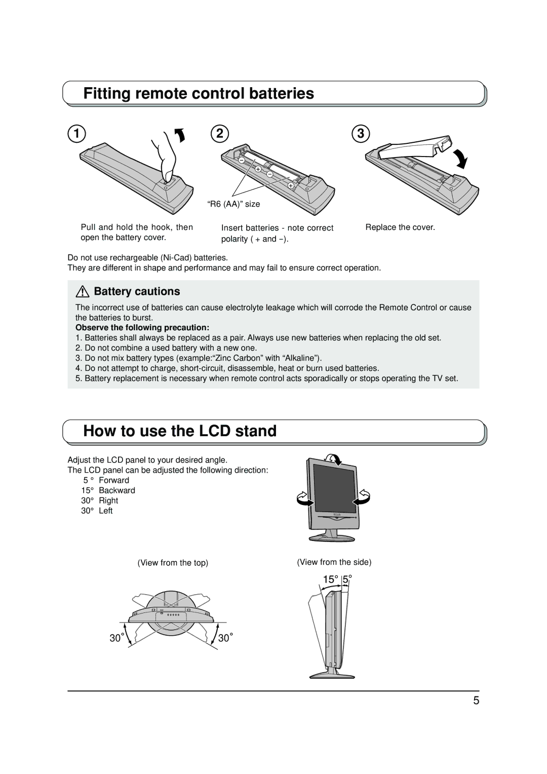 Panasonic TX-20LA2M manual Fitting remote control batteries, How to use the LCD stand, Observe the following precaution 