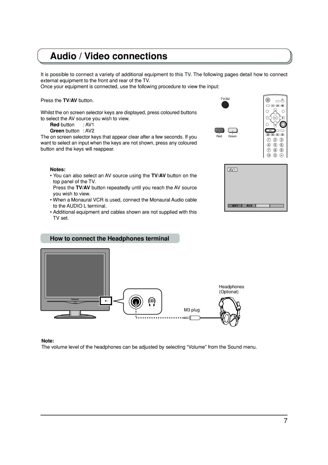 Panasonic TX-20LA2X, TX-20LA2A manual Audio / Video connections, How to connect the Headphones terminal, Green button, AV2 