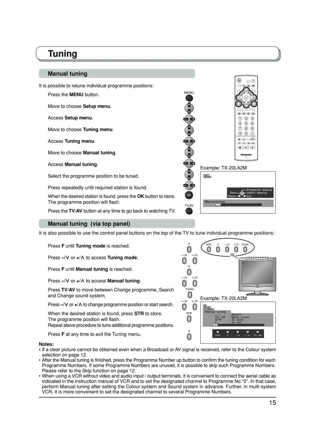 Panasonic TX-20LA2A manual Manual tuning via top panel, Access Setup menu, Access Tuning menu, Access Manual tuning 