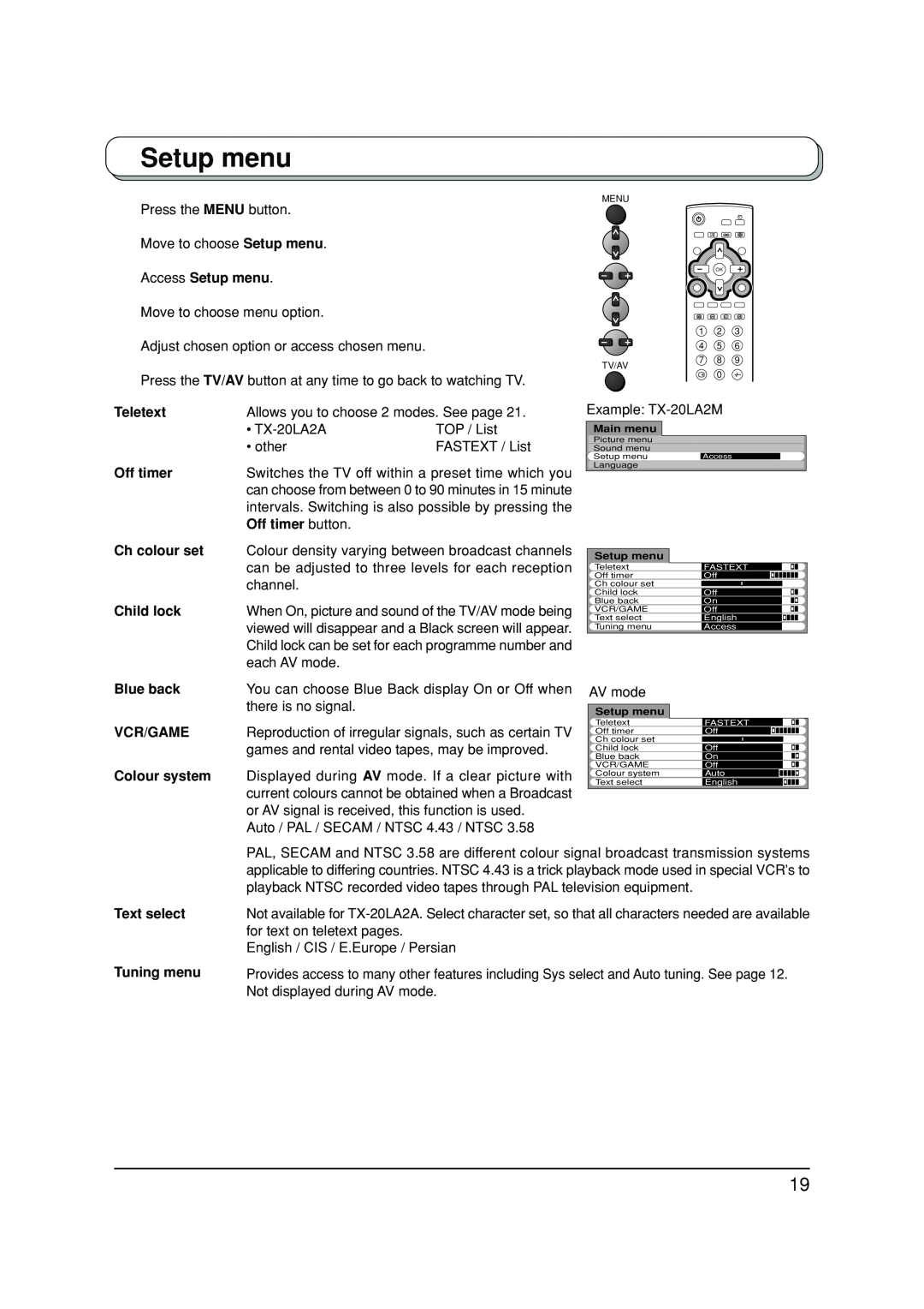 Panasonic TX-20LA2X manual Access Setup menu, Teletext, Off timer, Ch colour set, Child lock, Text select Tuning menu 