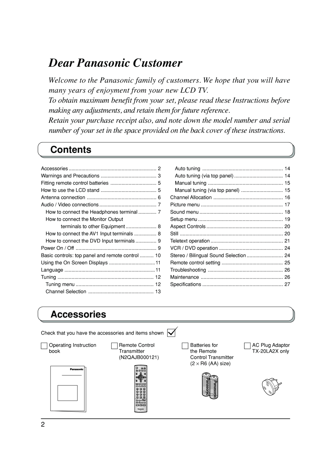 Panasonic TX-20LA2M, TX-20LA2A, TX-20LA2X manual Contents, Accessories, Dear Panasonic Customer 