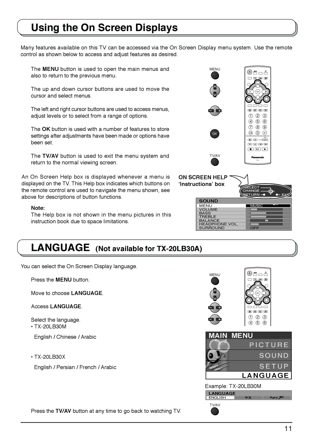 Panasonic TX-20LB30M, TX-20LB30X, TX-20LB30A manual Using the On Screen Displays, On Screen Help ‘Instructions’ box 