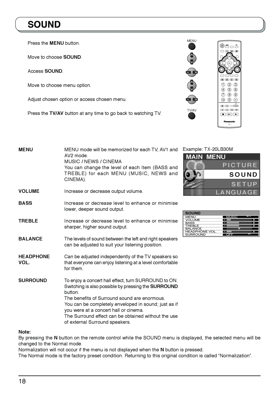 Panasonic TX-20LB30X, TX-20LB30A, TX-20LB30M manual Volume, Bass, Treble, Balance, Headphone, Surround 