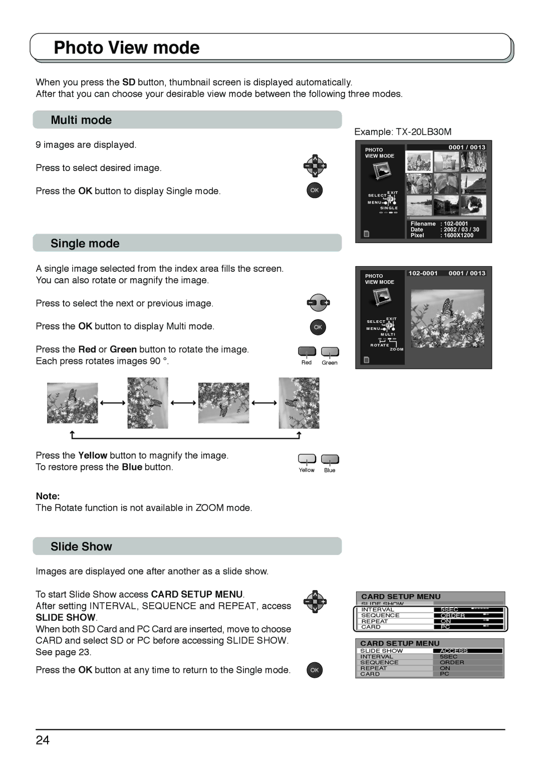 Panasonic TX-20LB30X, TX-20LB30A, TX-20LB30M manual Multi mode, Single mode, Slide Show 