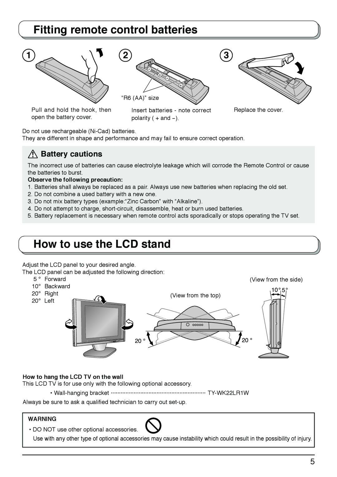 Panasonic TX-20LB30M manual Fitting remote control batteries, How to use the LCD stand, Observe the following precaution 