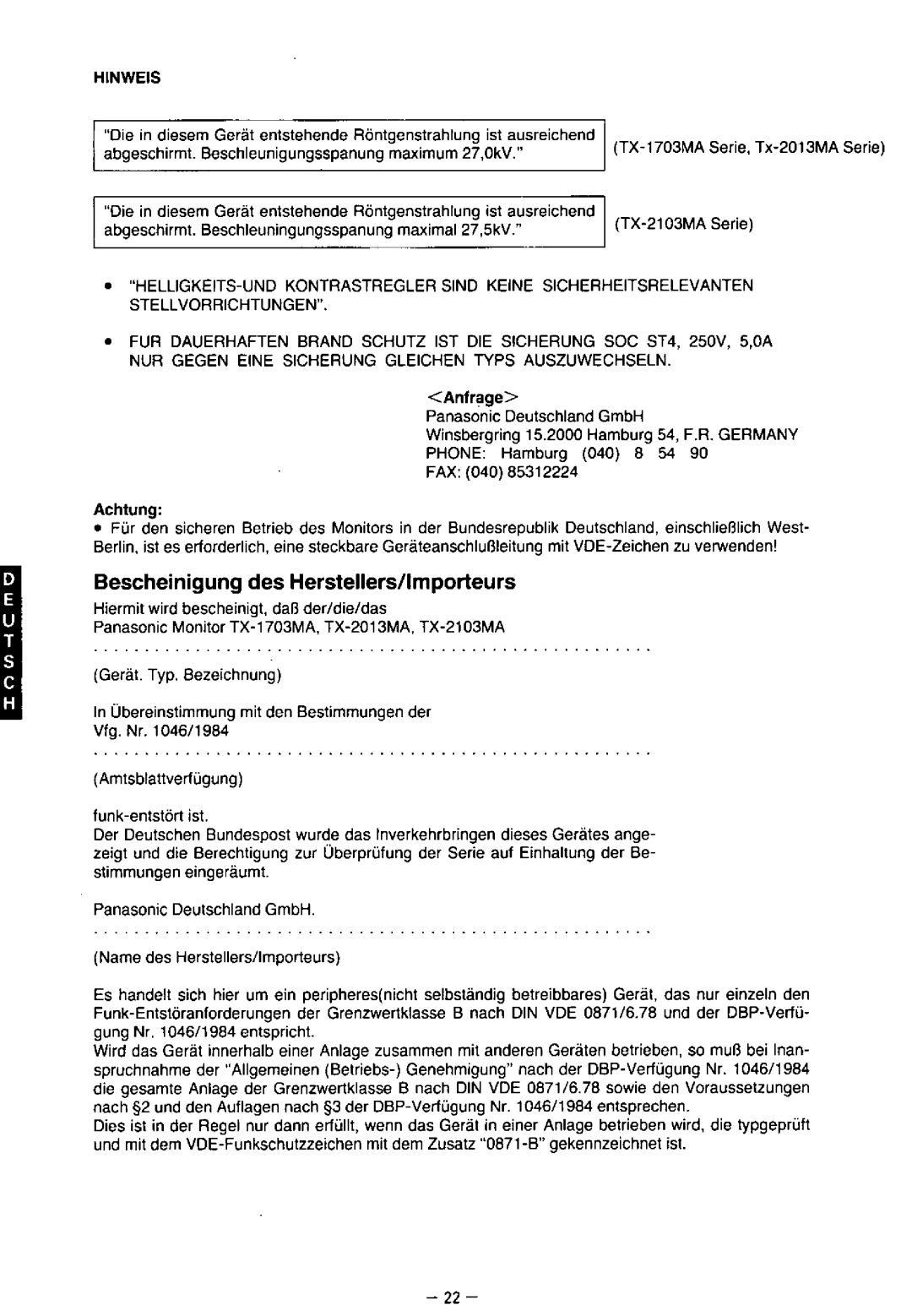 Panasonic TX-2103MA, TX-1703MA, TX-2013MA manual 