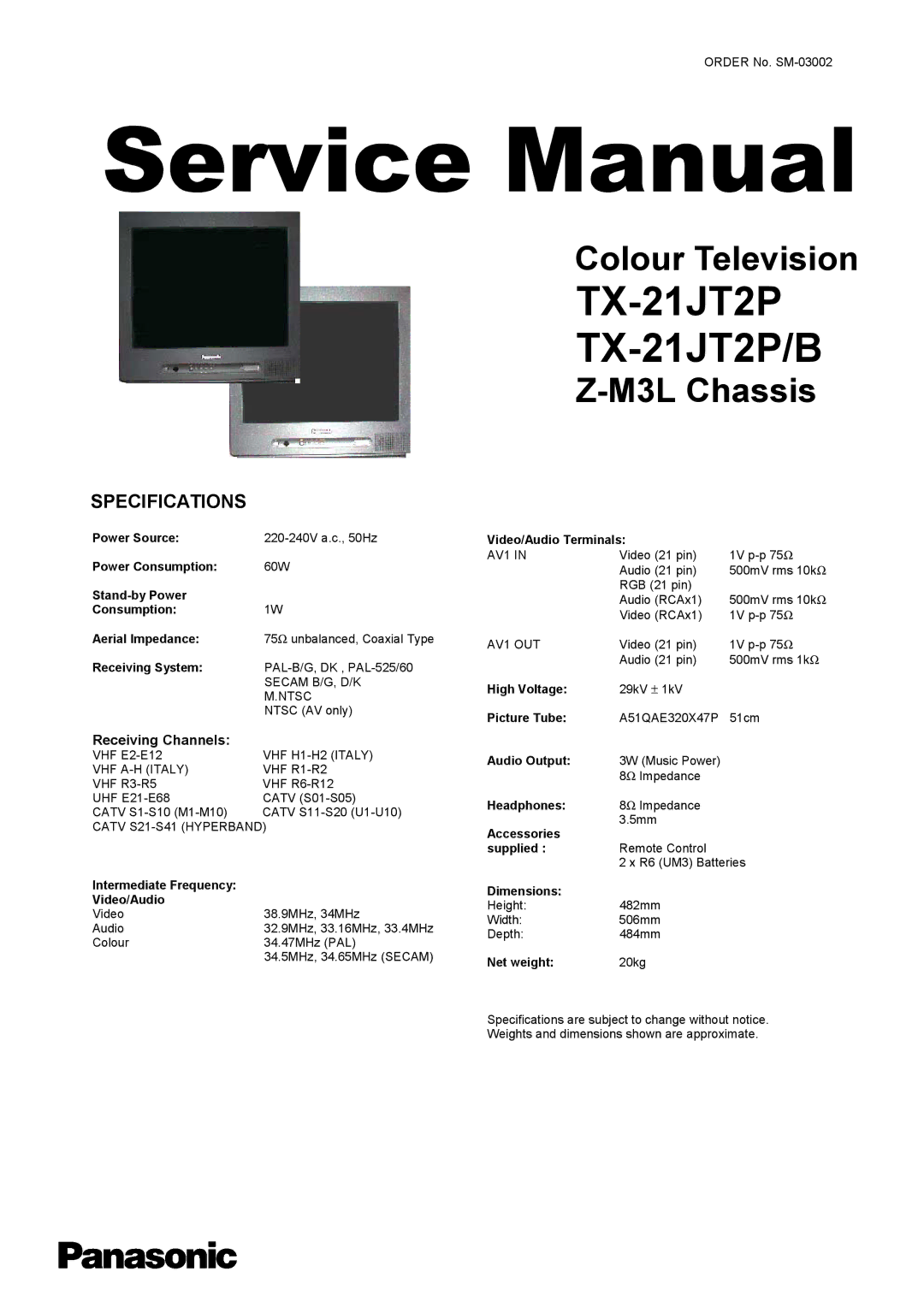 Panasonic specifications TX-21JT2P TX-21JT2P/B 