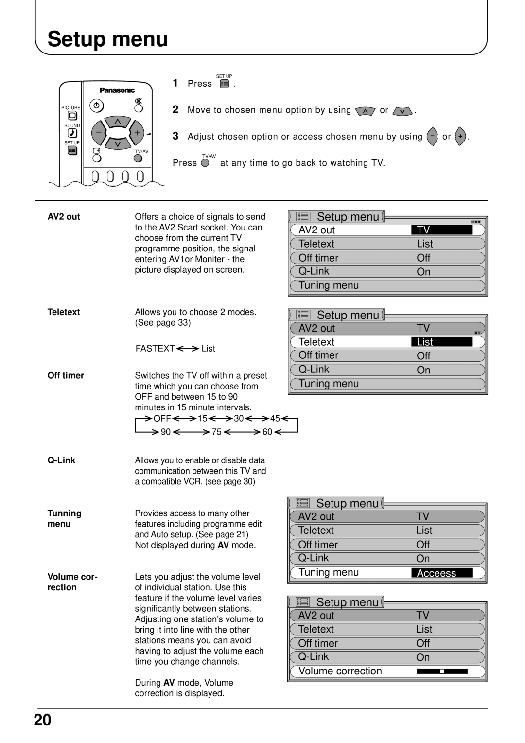 Panasonic TX-22LT operating instructions Setup menu 