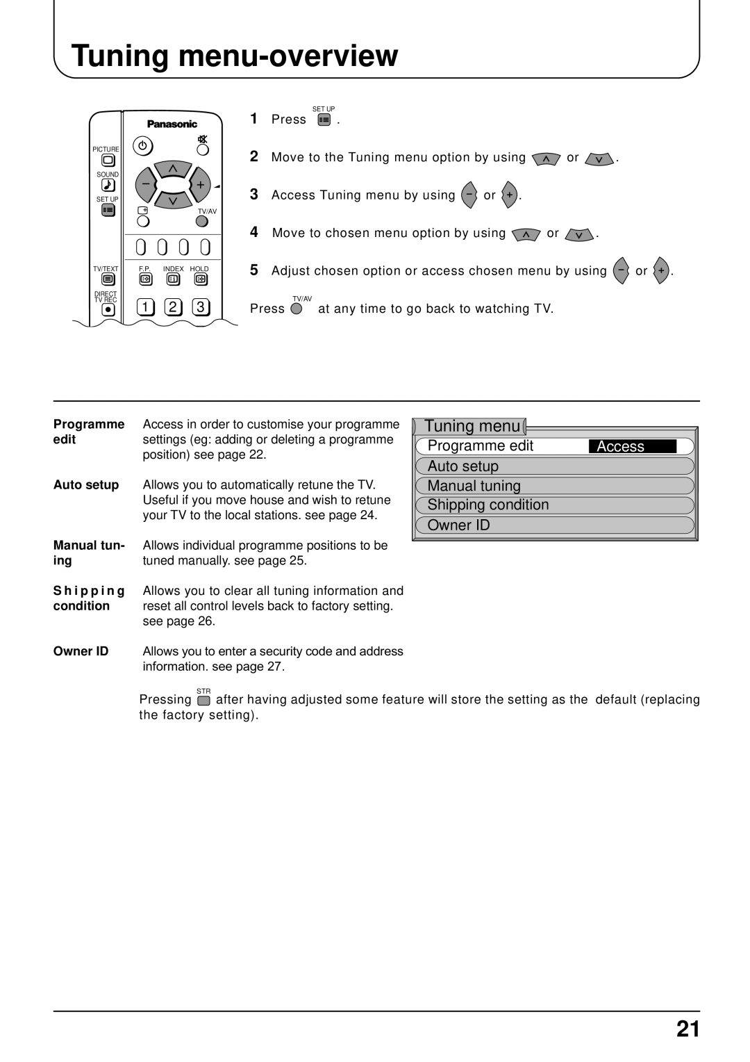 Panasonic TX-22LT Tuning menu-overview, Manual tun- Allows individual programme positions to be, Ing Tuned manually. see 