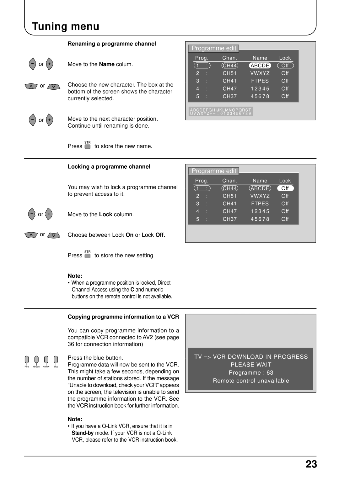 Panasonic TX-22LT operating instructions Tuning menu, Renaming a programme channel, Locking a programme channel 