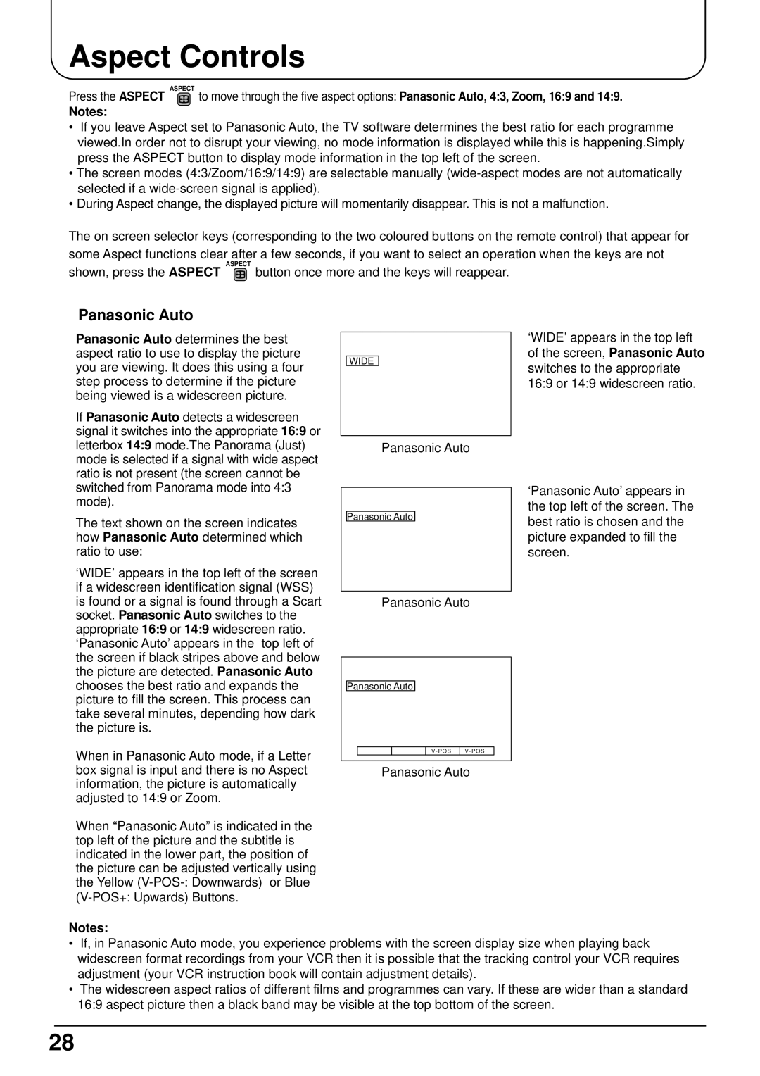 Panasonic TX-22LT operating instructions Aspect Controls, Panasonic Auto 