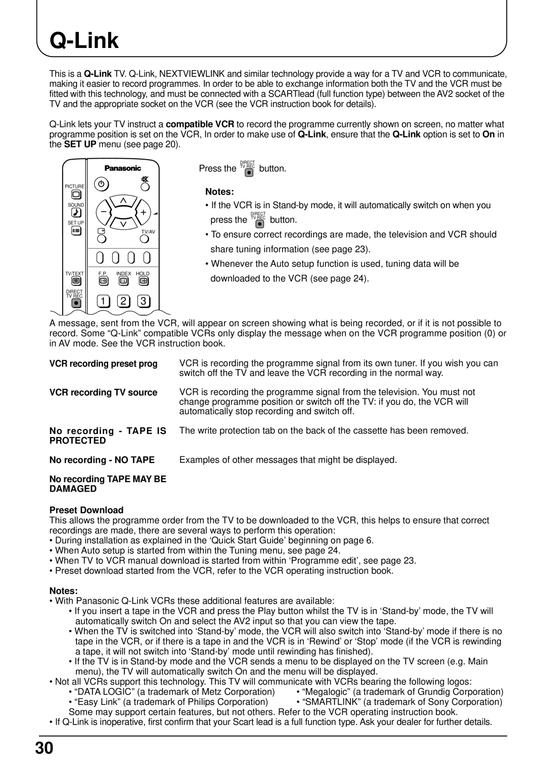 Panasonic TX-22LT operating instructions Link, No recording no Tape No recording Tape MAY be, Preset Download 