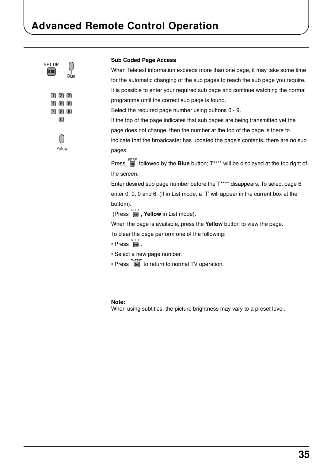 Panasonic TX-22LT operating instructions Sub Coded Page Access 