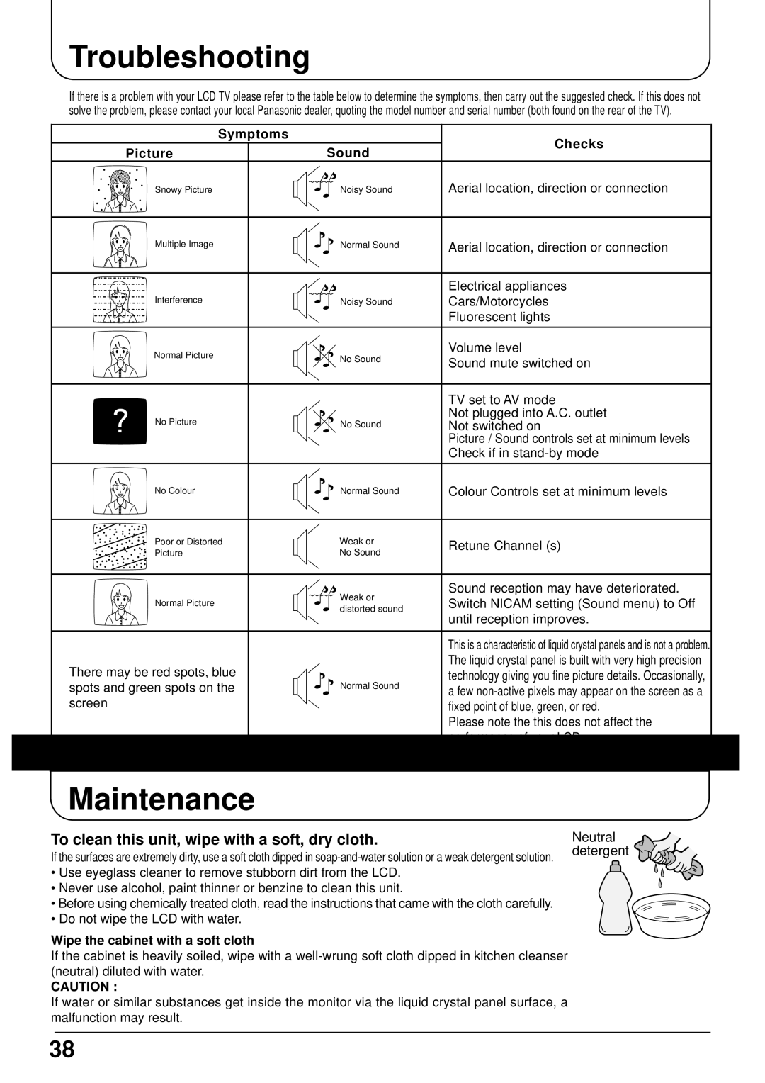 Panasonic TX-22LT operating instructions Troubleshooting, Maintenance, To clean this unit, wipe with a soft, dry cloth 