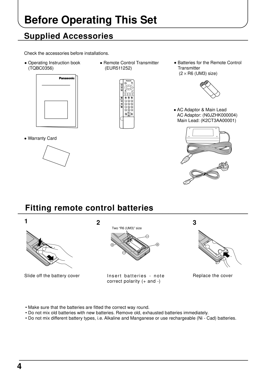 Panasonic TX-22LT operating instructions Before Operating This Set, Supplied Accessories, Fitting remote control batteries 