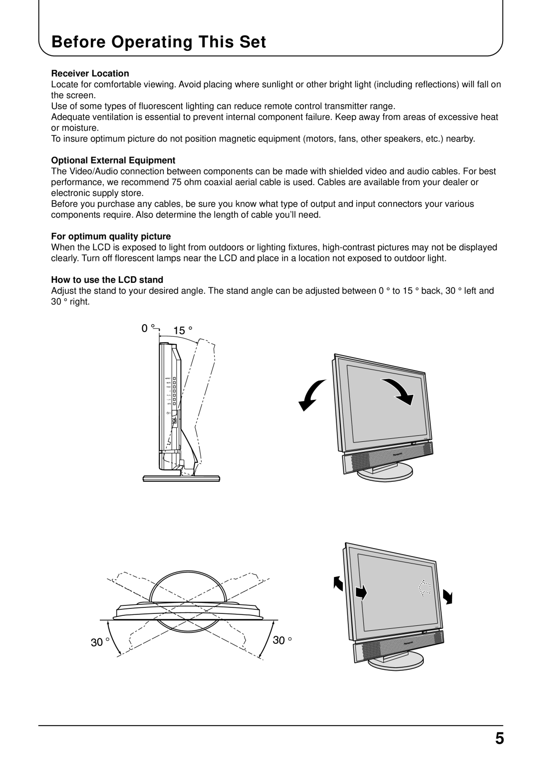 Panasonic TX-22LT Before Operating This Set, Receiver Location, Optional External Equipment, For optimum quality picture 