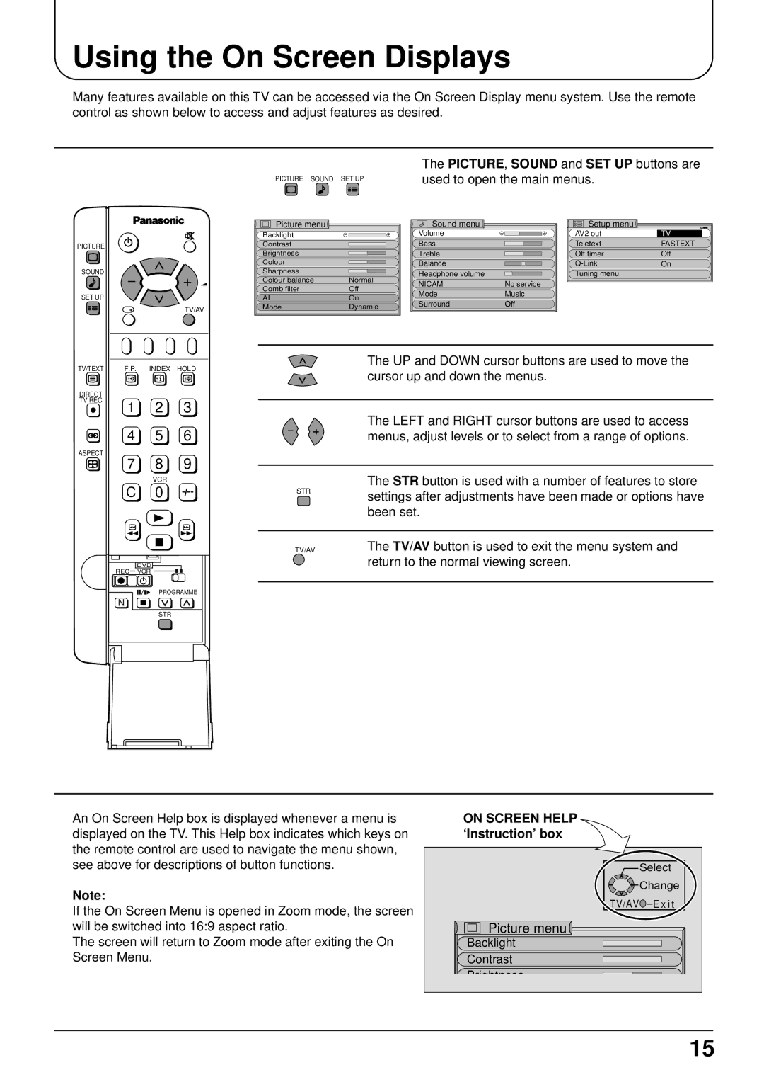 Panasonic TX-22LT2 manual Using the On Screen Displays, TV/AV button is used to exit the menu system 