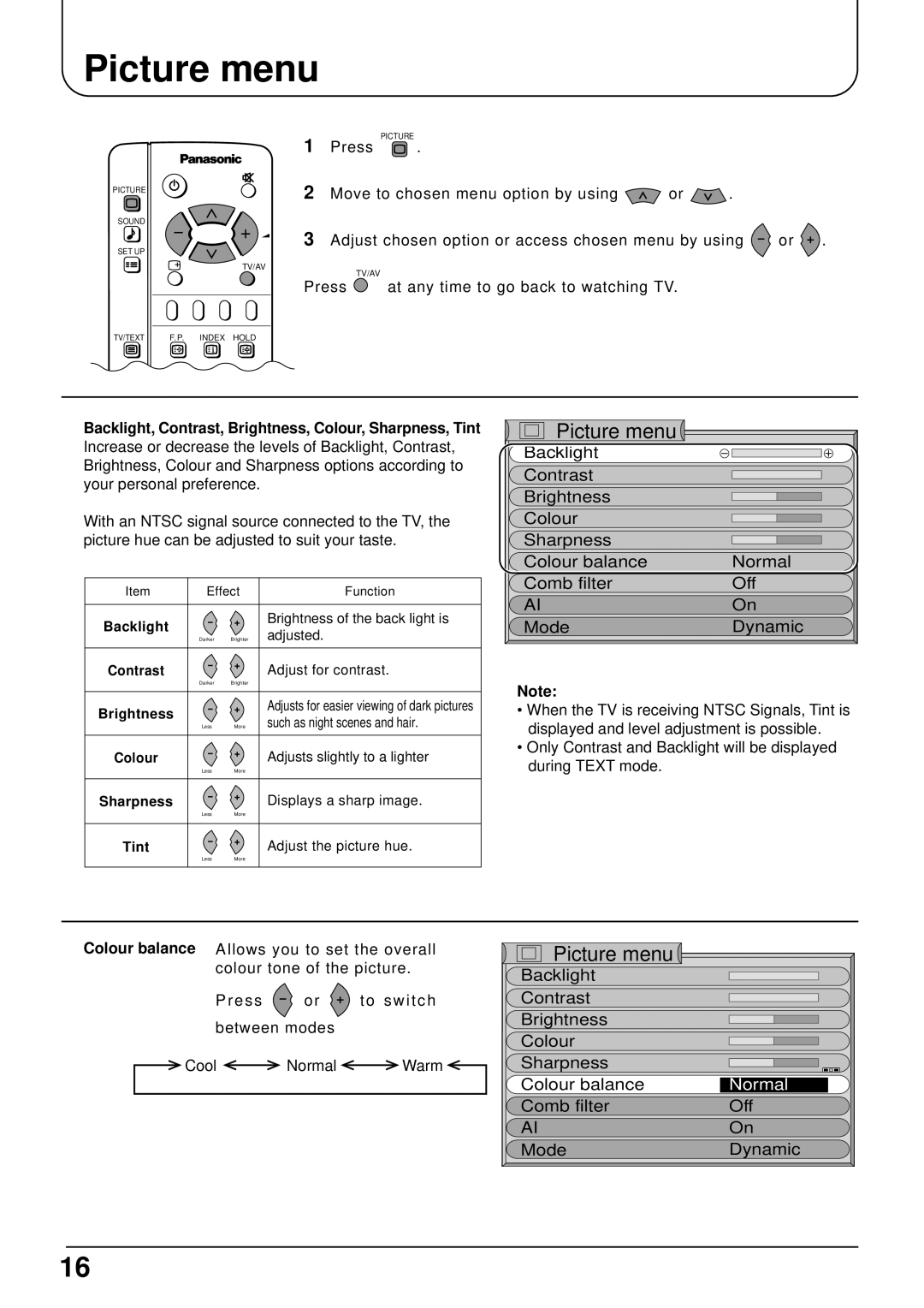 Panasonic TX-22LT2 manual Picture menu, Backlight, Contrast, Brightness, Colour, Sharpness, Tint 