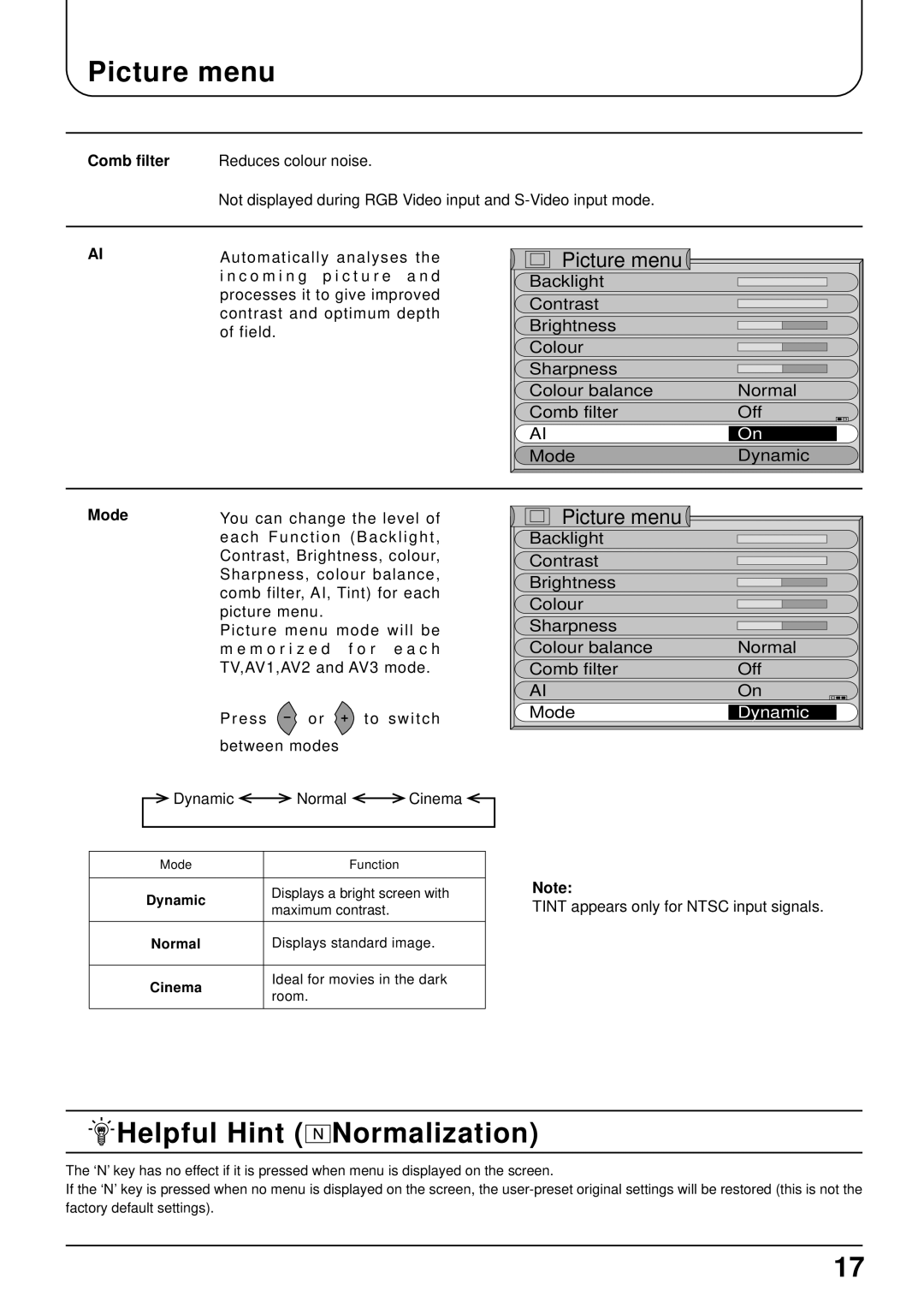 Panasonic TX-22LT2 manual Picture menu, Helpful Hint Normalization, Mode 