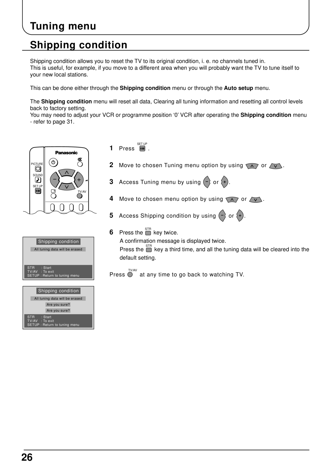 Panasonic TX-22LT2 manual Tuning menu Shipping condition, Press the key twice Confirmation message is displayed twice 