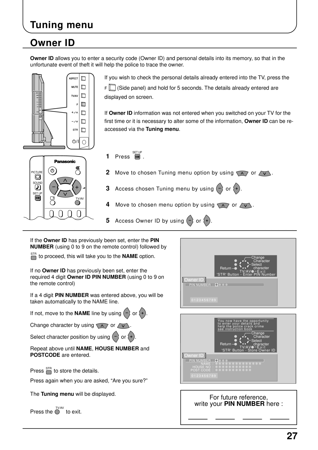 Panasonic TX-22LT2 manual Tuning menu Owner ID, To exit 