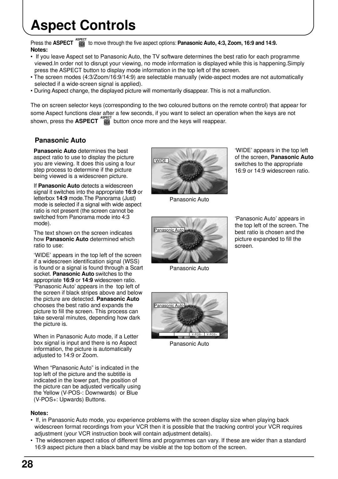 Panasonic TX-22LT2 manual Aspect Controls, Panasonic Auto 