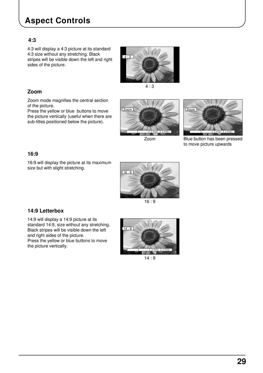 Panasonic TX-22LT2 manual Aspect Controls, Zoom, 169, Letterbox 