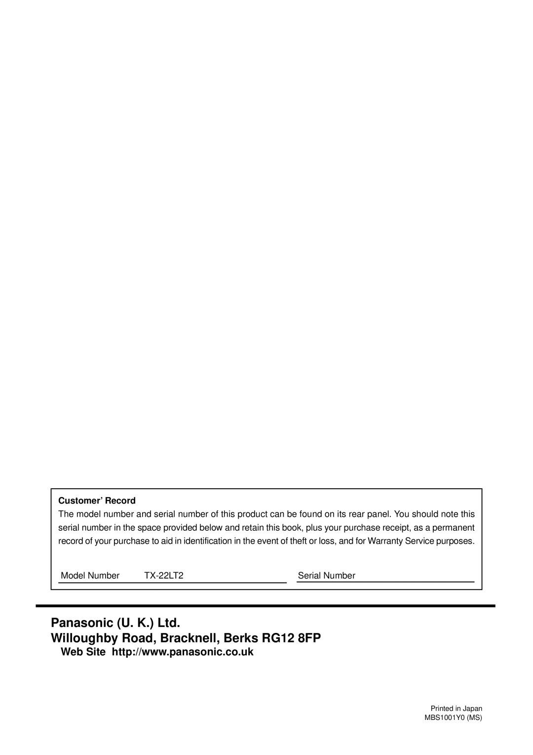 Panasonic manual Customer’ Record, Model Number TX-22LT2 Serial Number 