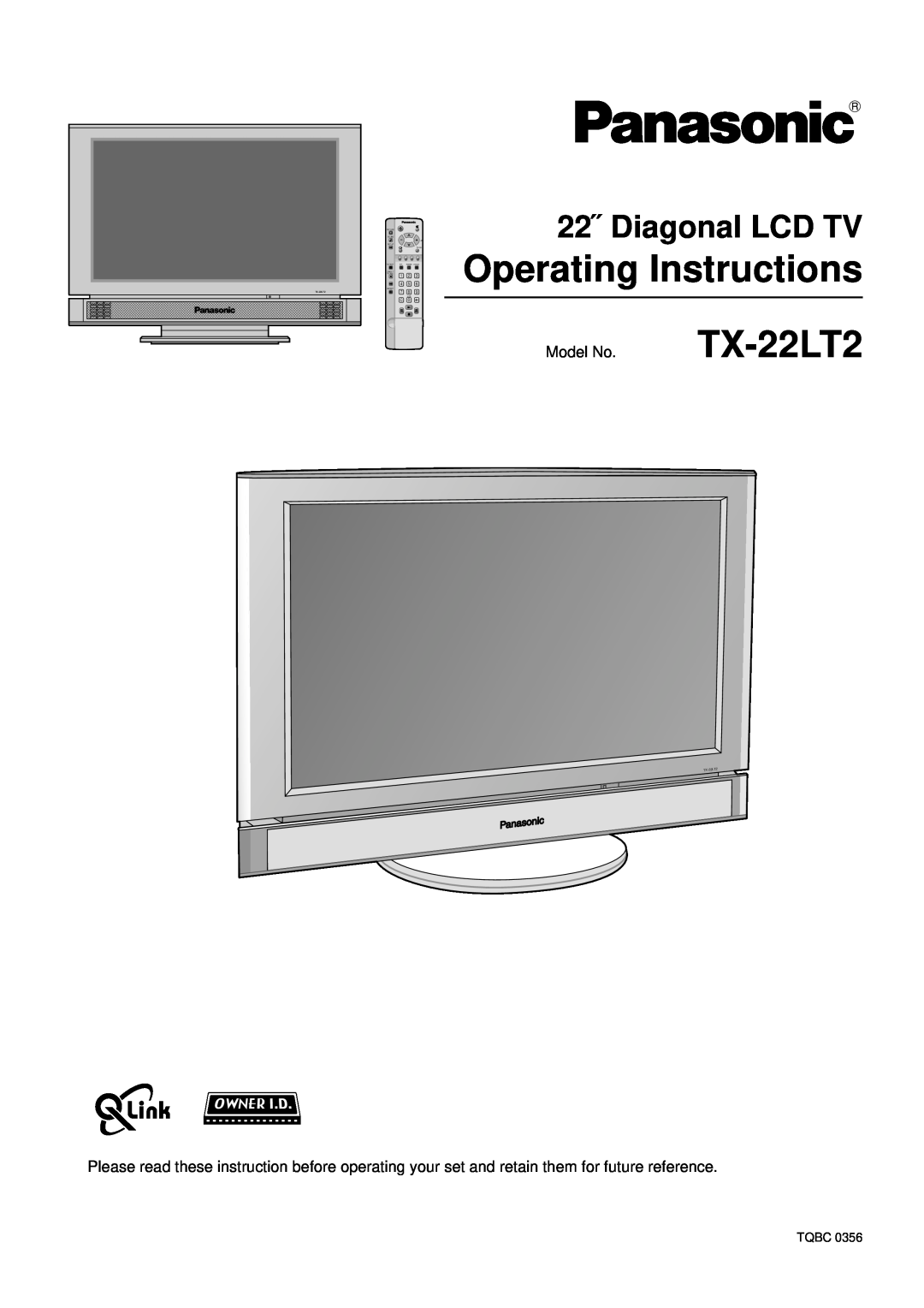 Panasonic TX-22LT2 manual Operating Instructions, 22˝ Diagonal LCD TV, Tqbc, Tv/Av, Index, Hold, Direct, Tv Rec, Aspect 