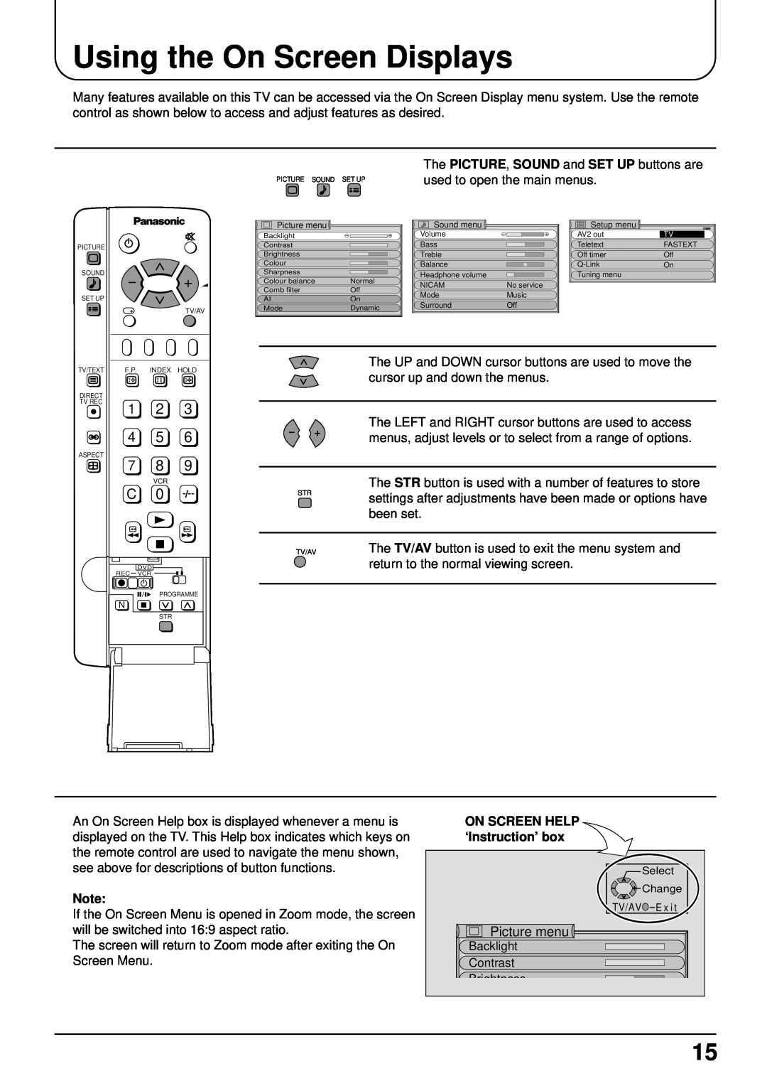 Panasonic TX-22LT2 manual Using the On Screen Displays, 1 2 4 5, ON SCREEN HELP ‘Instruction’ box 