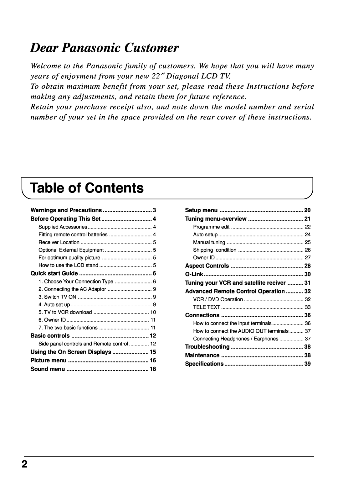 Panasonic TX-22LT2 manual Table of Contents, Dear Panasonic Customer 