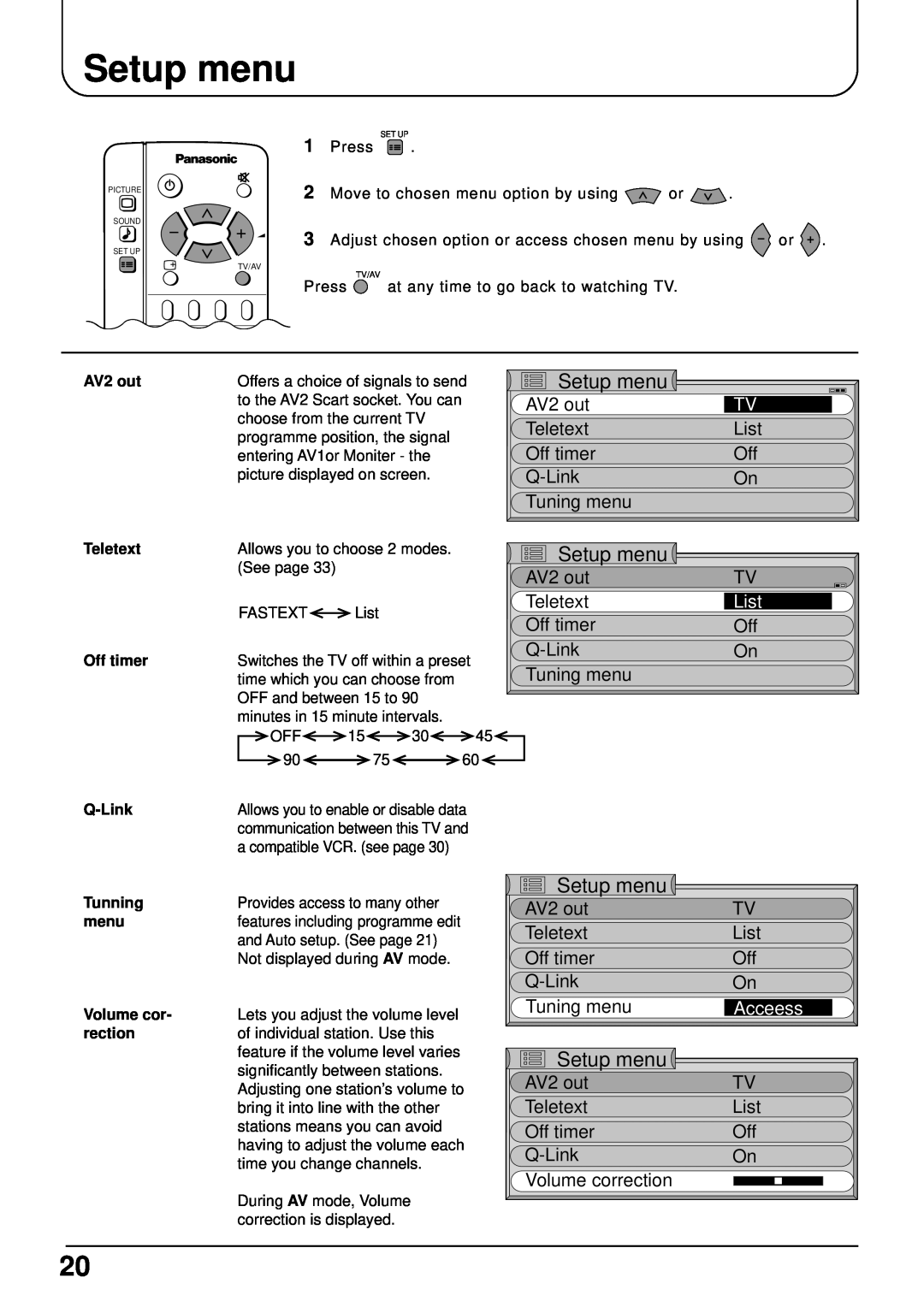 Panasonic TX-22LT2 manual Setup menu, List, Acceess 