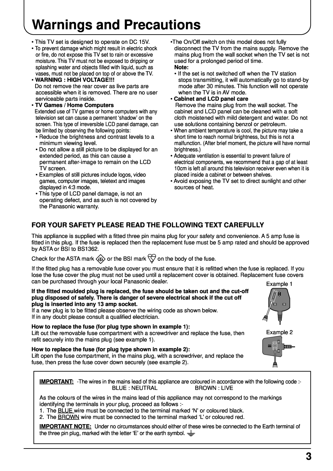 Panasonic TX-22LT2 Warnings and Precautions, Warning High Voltage, TV Games / Home Computers, Cabinet and LCD panel care 