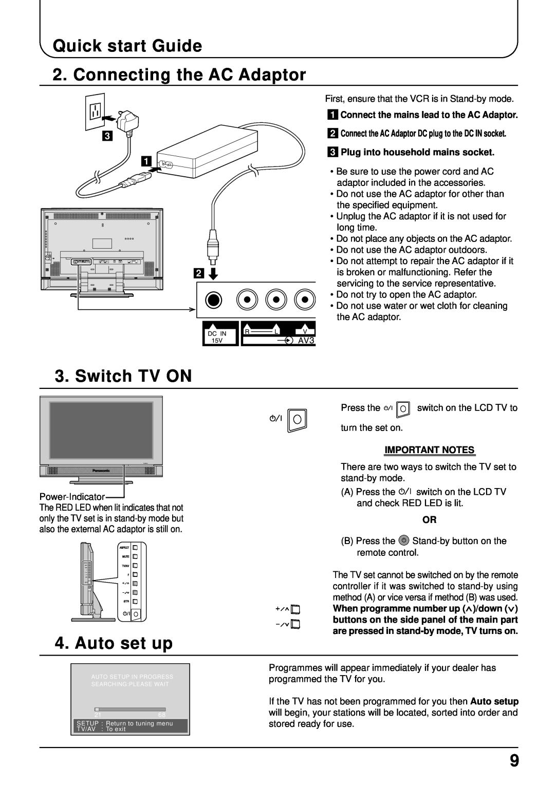 Panasonic TX-22LT2 manual Quick start Guide 2. Connecting the AC Adaptor, Switch TV ON, Auto set up, Important Notes 