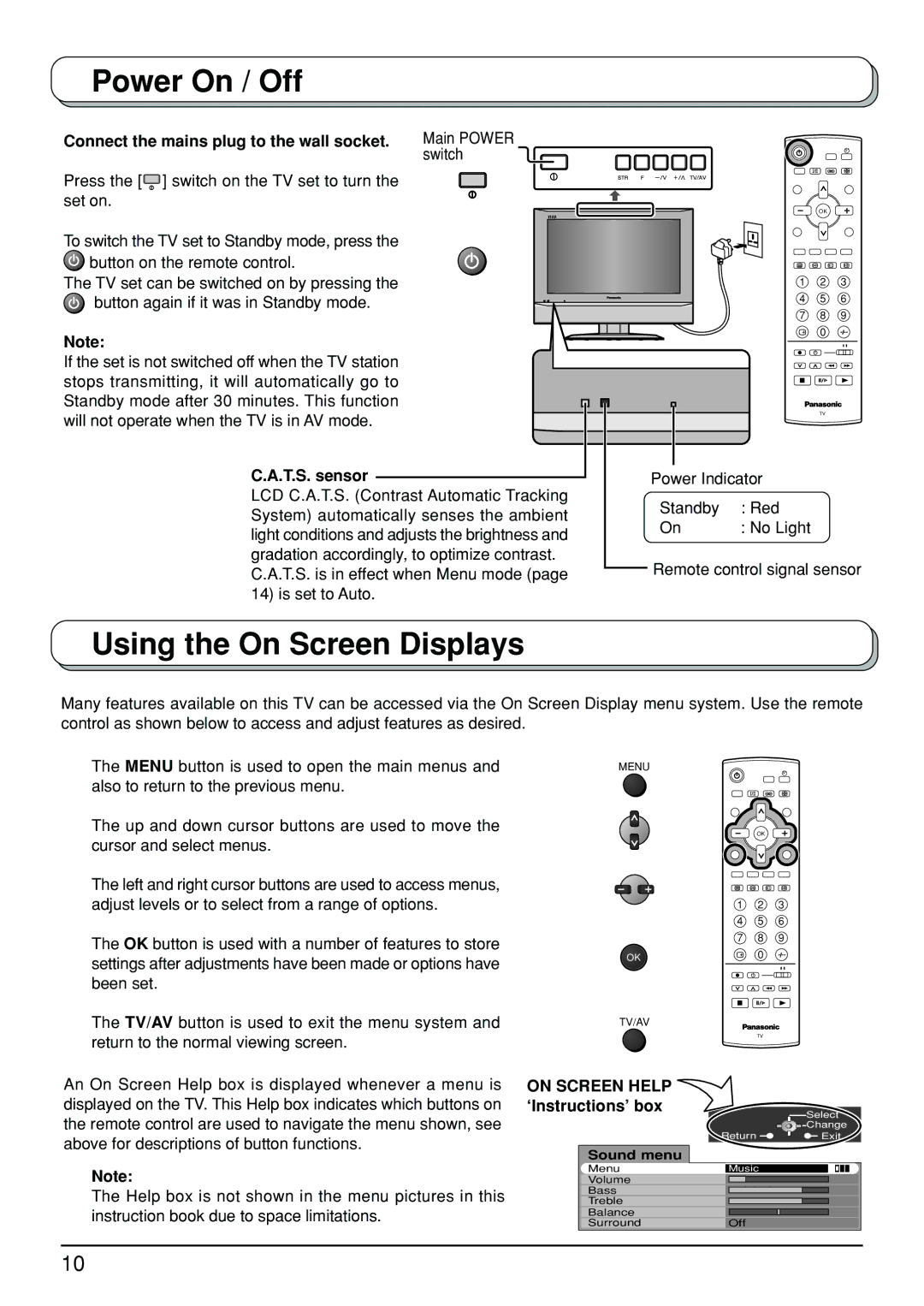 Panasonic TX-23LX50A manual Power On / Off, Using the On Screen Displays, On Screen Help 