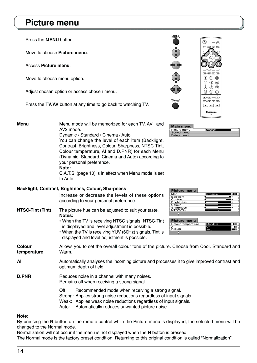 Panasonic TX-23LX50A manual Picture menu, Pnr 