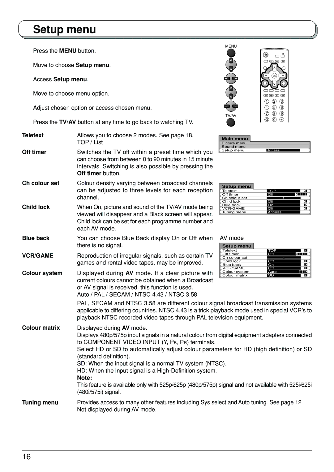 Panasonic TX-23LX50A manual Setup menu, Vcr/Game 