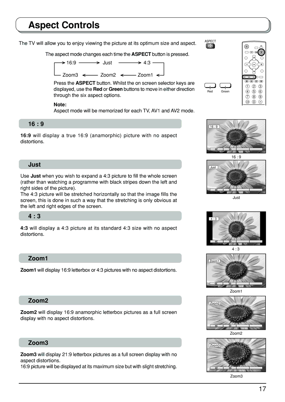 Panasonic TX-23LX50A manual Aspect Controls, Just, Zoom1, Zoom2, Zoom3 