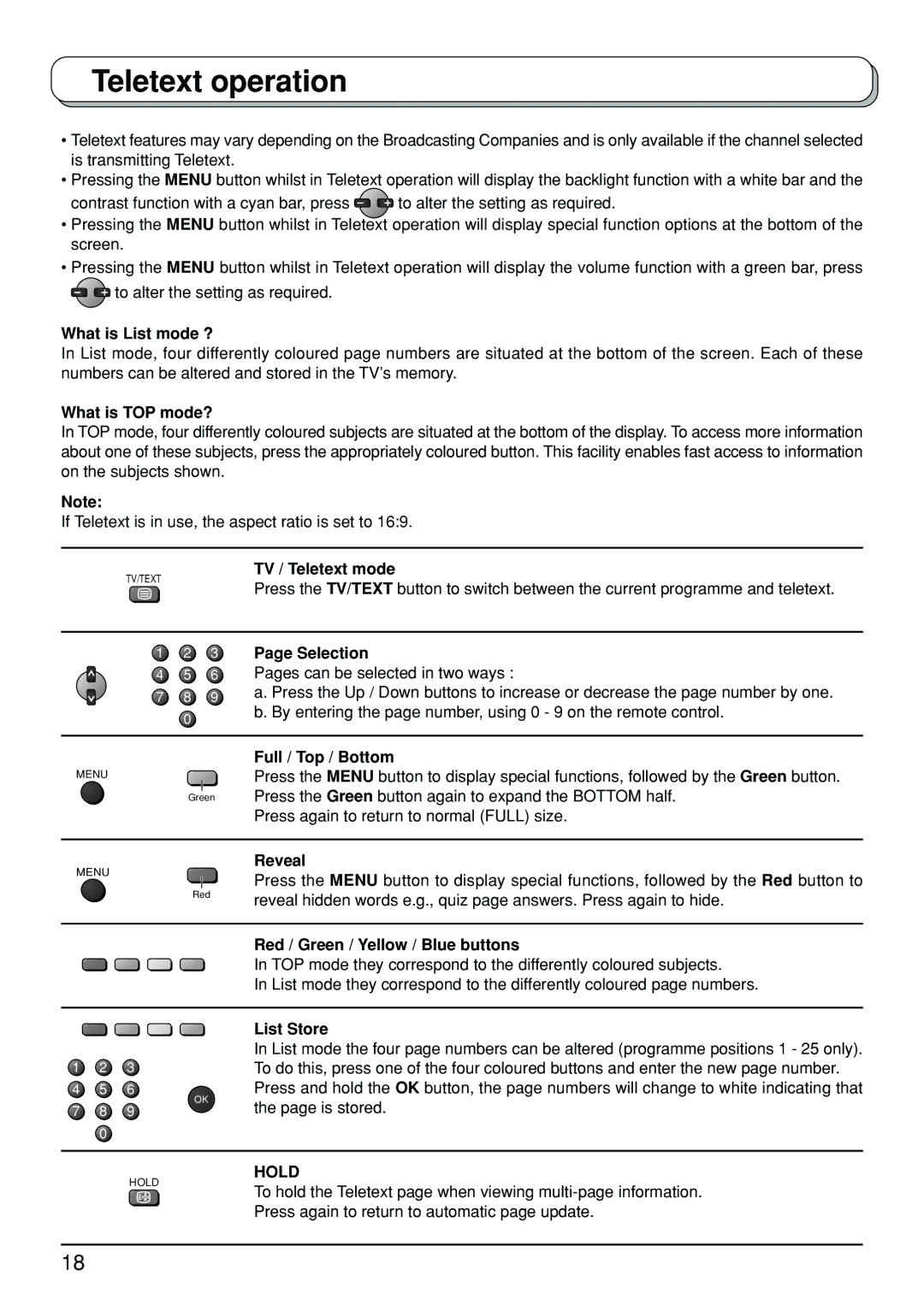 Panasonic TX-23LX50A manual Teletext operation, Hold 