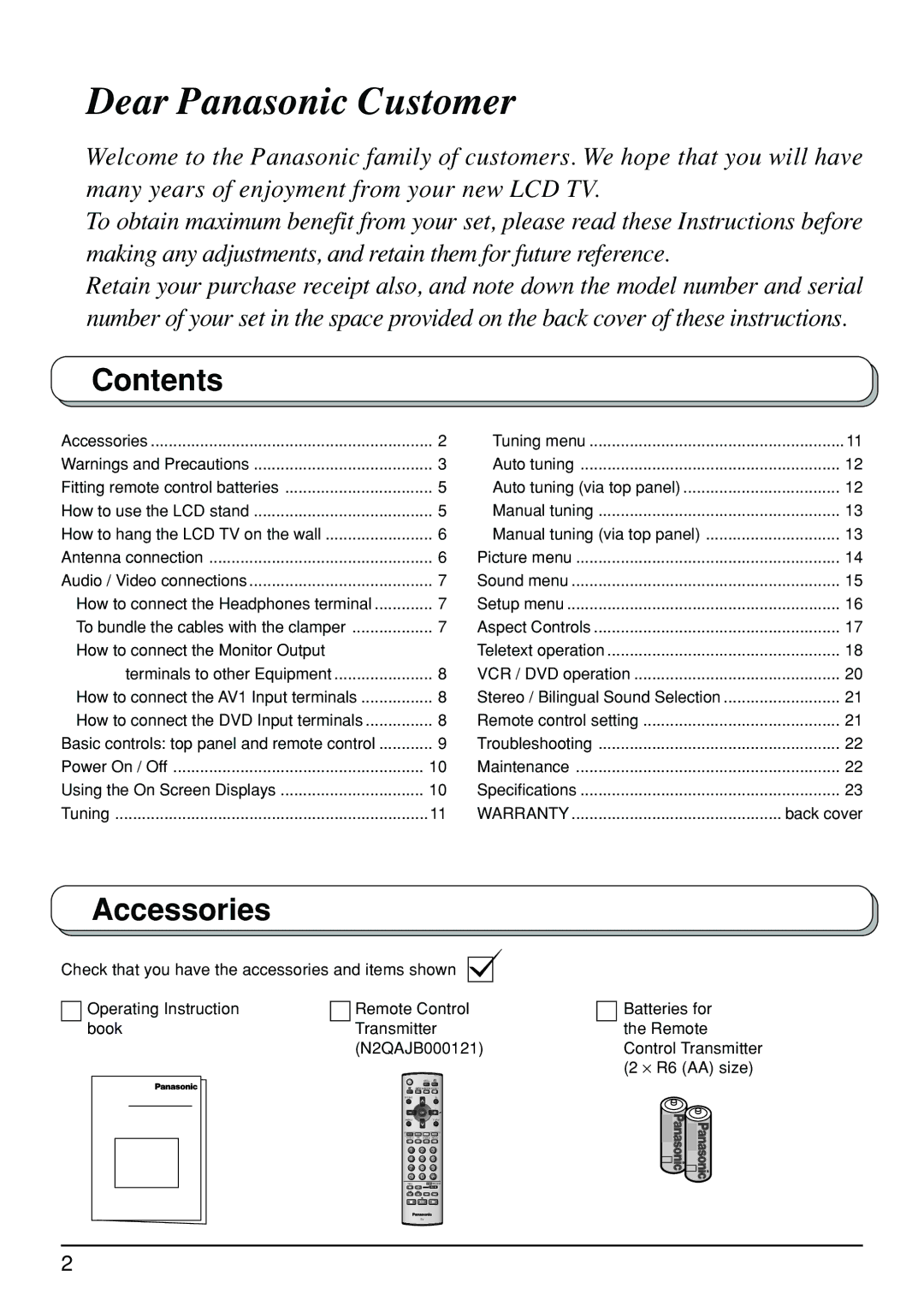 Panasonic TX-23LX50A manual Contents, Accessories 