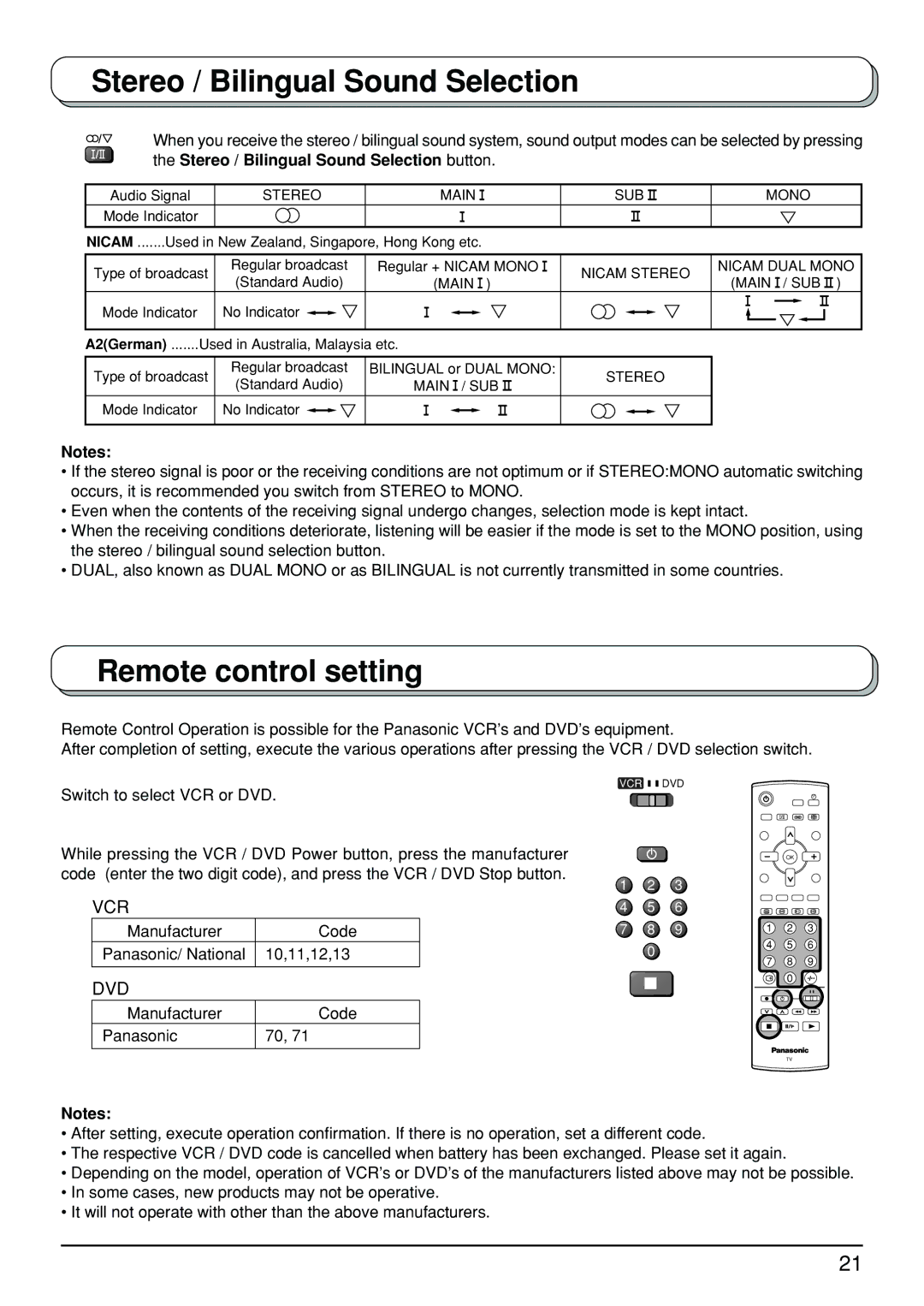 Panasonic TX-23LX50A Remote control setting, Stereo / Bilingual Sound Selection button, Manufacturer Code, 10,11,12,13 