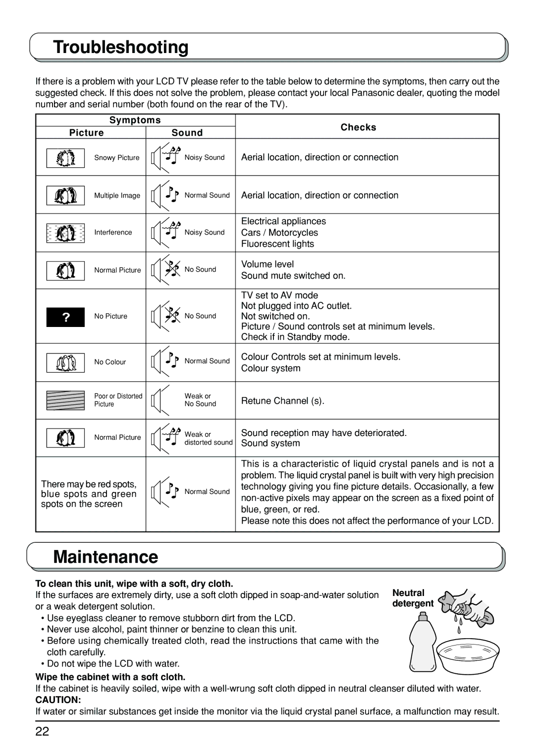 Panasonic TX-23LX50A manual Troubleshooting, Maintenance, Symptoms Checks Picture Sound 