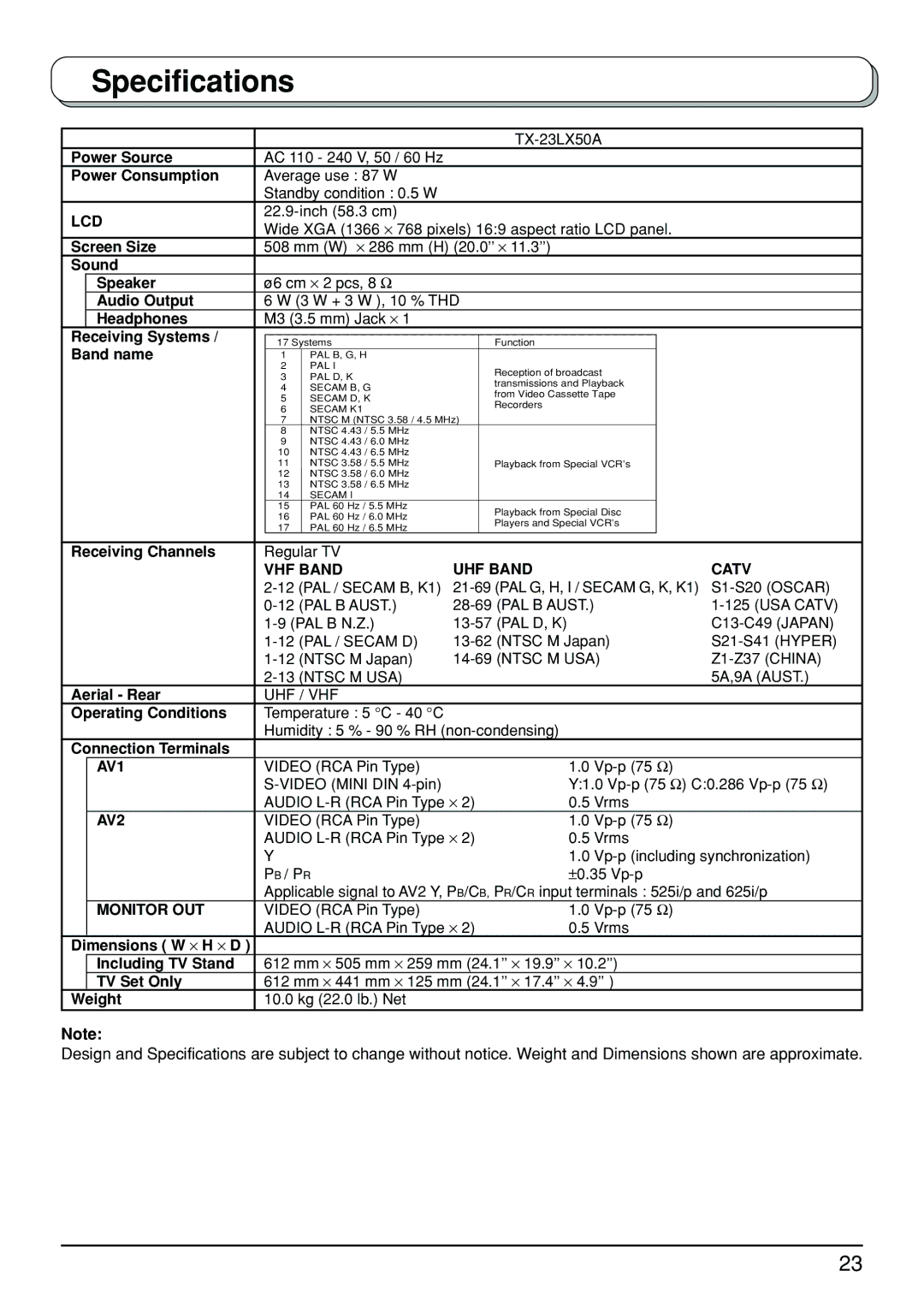 Panasonic TX-23LX50A manual Specifications, Lcd 